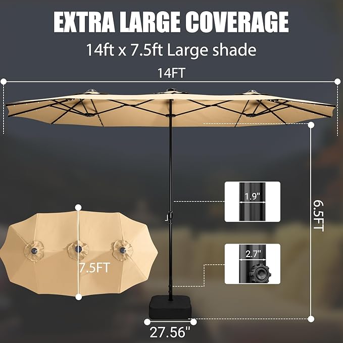 CHABATREE 15FT Double-Sided Patio Umbrella with Base Included, Large Outdoor Rectangular Market Umbrella for Backyard, Poolside, Lawn & Garden, Khaki