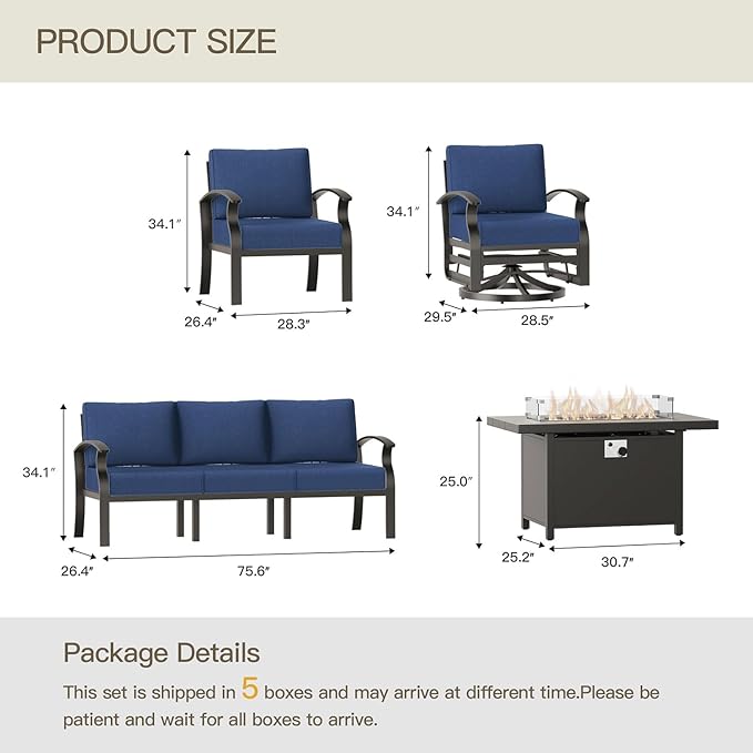Aluminum Patio Furniture Set with Propane Fire Pit Table,7 Seats Metal Modern Outdoor Furniture w/5.1" Cushions,Patio Sectional w/Swivel Chairs for Patio,Backyard,NavyBlue
