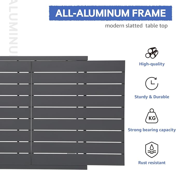 Soleil Jardin 9-Piece Outdoor Patio Dining Set, 59" - 83" Aluminum Expandable Outdoor Dining Table Set for 8, 8 Stackable Chairs with Gray Removable Cushions, Dark-Grey