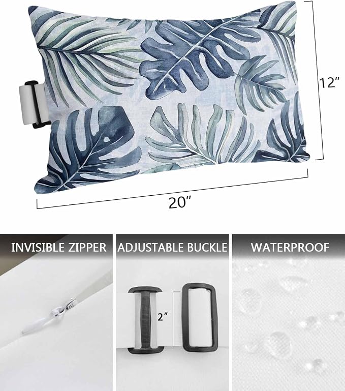 Pack of 4 Outdoor Lumbar Pillow Covers 12x20 Inch, Navy Blue Monstera Deliciosa Waterproof Throw Pillow Covers Set, Summer Botanical Tropical Decorative Cushion Cases for Patio Porch Car