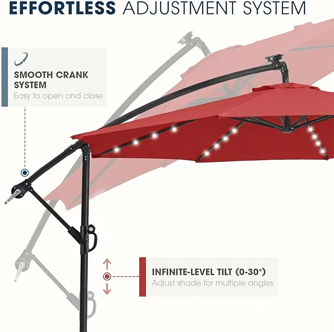 wikiwiki 10ft Solar LED Offset Patio Umbrella, Outdoor Cantilever Patio Umbrellas with Solor Lights for Backyard, Poolside and Garden, Easy Tilt Adjustment, Polyester Shade, Bright Red