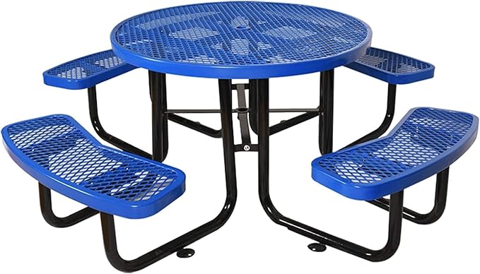Heavy Duty Picnic Table for Outdoors 3200 lbs Load All Metal Dining Table with Umbrella Hole up to 1.5", Round Camping Table for Commercial Picnic Table with Benches, Blue