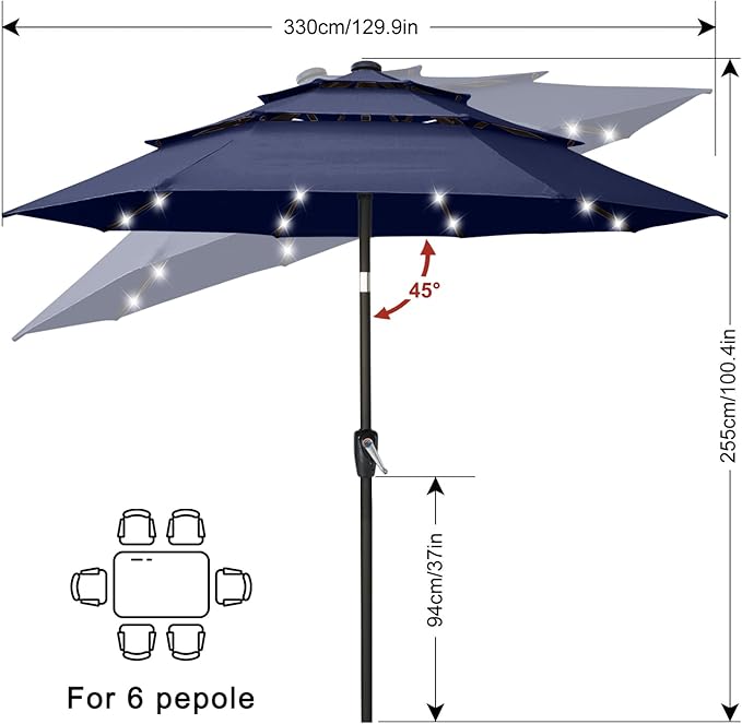 ABCCANOPY Solar Led Patio Umbrella 3-Tiers 11FT (Tibetan Blue)