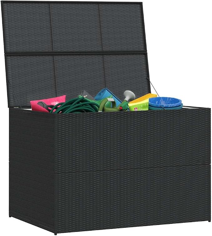 Outdoor Storage Box, Large Patio Deck Box with Zipper Closure, Weather-Resistant PE Rattan and Powder-Coated Steel Garden Organizer for Cushions, Tools, Black, 59.1 x 39.4 x 39.4 Inches