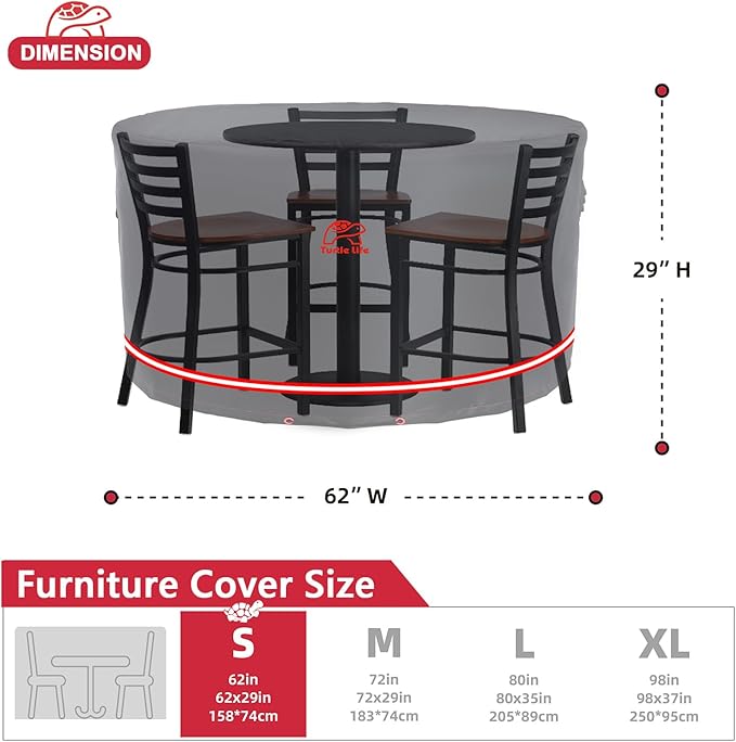 Turtle Life Patio Furniture Sets Cover, Heavry Duty Round Outdoor Dinning Table and Chairs Cover, Anti-Fading Cover for Outdoor Furniture Set, Black, Dia 62" x 29" H