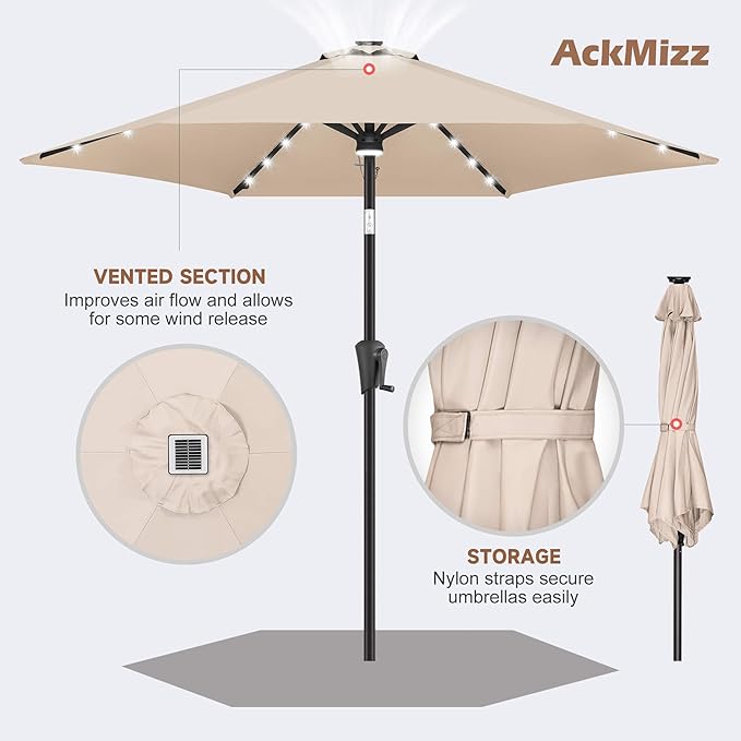 10FT Solar Patio Umbrella - Outdoor Umbrella with Centre Surround Light 24 LED Lights, Market Table Umbrella with Tilt for Pool, Porch, Garden, Deck, Backyard UV Protection (Beige)