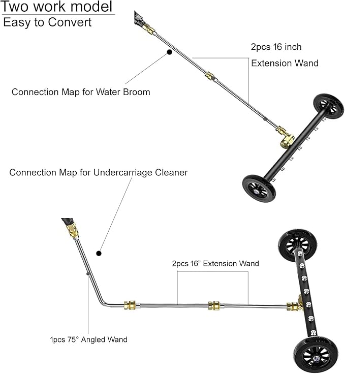 2-in-1 24" Dual-Function Undercarriage Pressure Washer Cleaner, Surface Cleaner for Power Pressure Washer Attachment， Underbody Car Wash Water Broom with 3 Pieces Extension Wand, 4000 PSI