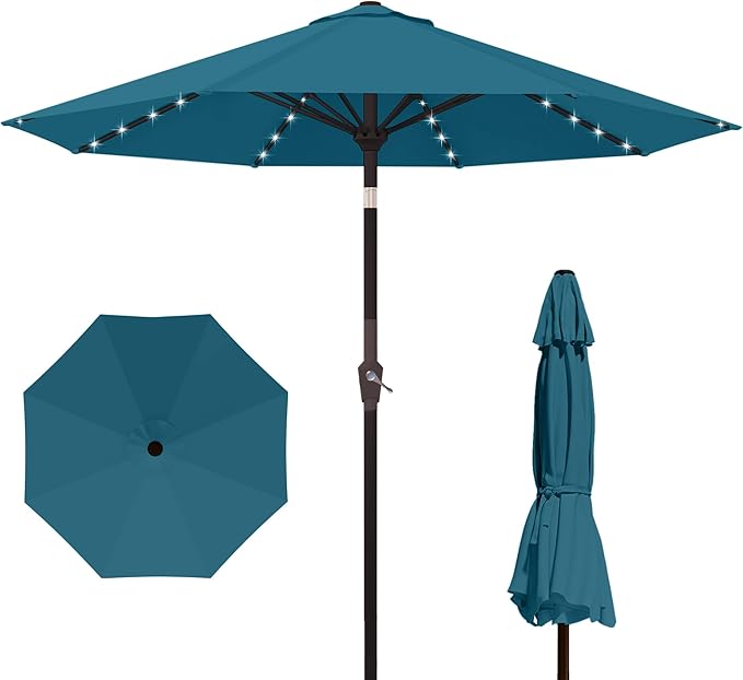 Kingdura 10FT Outdoor Patio Umbrella with Solar Lights, Market Table Umbrella with Push Button Tilt & Crank, 8 Sturdy Ribs, 32 LED Lights, UV Protection for Garden Lawn Deck Backyard Pool (Lake blue)