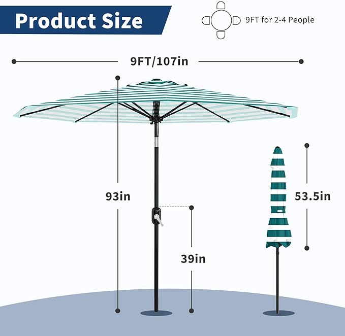 Garvee 9FT Patio Umbrella - Outdoor Table Umbrella with Smooth Crank Lift, Push Button Tilt and 8 Sturdy Ribs - Market Umbrella UV Protection Waterproof for Pool, Deck, Yard, Garden