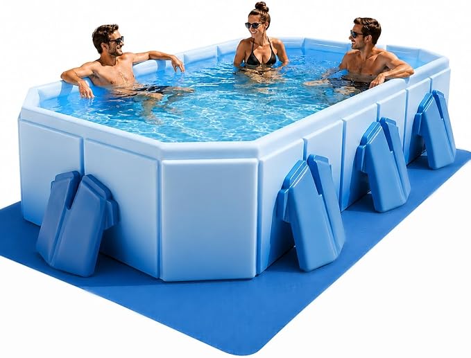 Rectangular Above Ground Pool with Ground Cloth, Easy Setup, Quick Drain | Thick PVC, Stable Support, Easy Setup, Drain Plug, Ground Cloth