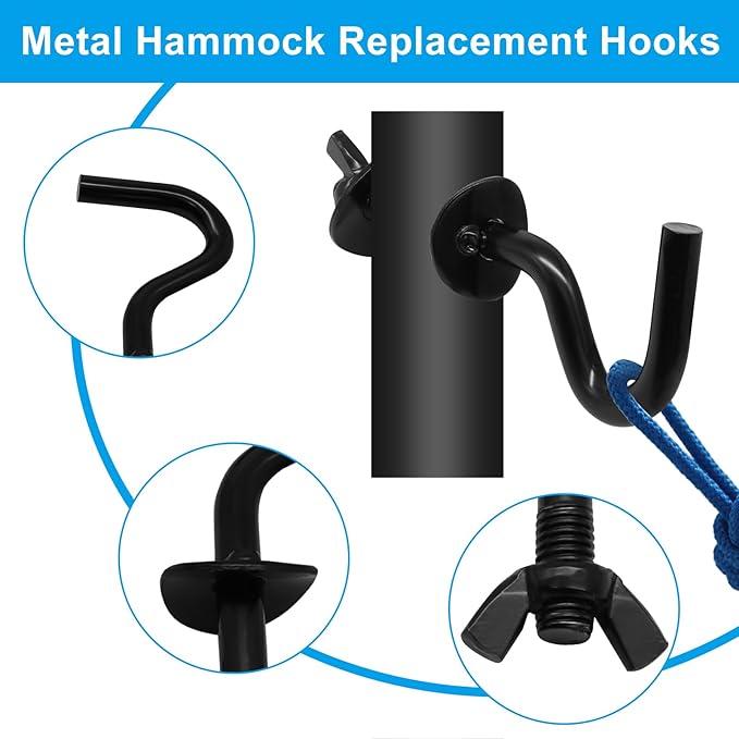 2Pcs Heavy Duty Replacement Hooks Holding Hammock, 3/8 Inch Diameter, Fits 1-1/4 to 2 Inch Long Holes on Hammock Stands, Black