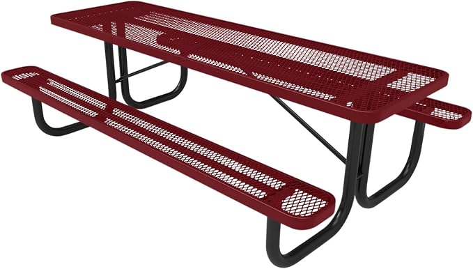COATEDOUTDOORFURNITURE Heavy-Duty Portable Outdoor Picnic Table, Thermoplastic Coated Expanded Metal Commercial-Grade Patio Dining Furniture Made in America (8ft Rectangular, Burgundy)