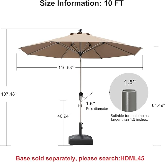 PURPLE LEAF 10' Round Patio Umbrella with Tilt Adjustment, Outdoor Table Umbrella Champagne Aluminum Frame, Market Umbrella Pool Umbrella for Deck Garden, Patio, or Poolside