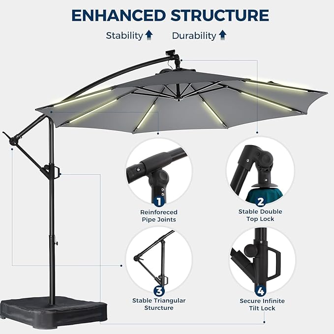 HOMSHADE 10 ft Offset Patio Umbrella with Solar Lights, LED Lighted Umbrella Outdoor Patio with Base Included, Heavy Duty Hanging Cantilever Umbrellas for Pool Deck with UV Protection&Easy Tilt, Grey