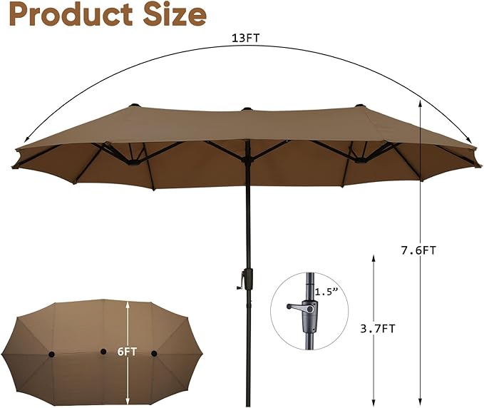 13Ft Large Patio Umbrella Outdoor Double-Sided Market Umbrella w/Easy Crank for Yard, Poolside, Deck, Coffee