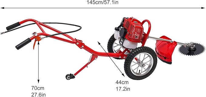 49CC Hand Push Weed Wacker, 2 Stroke Gas Powered Lawn Mower with Wheels, 1.8Kw 7000Rpm Behind Push Grass Trimmer, Brush Cutter for Lawn, Garden, Hills, Plains & Orchards