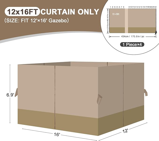 Aoodor 12x16 ft Outdoor Gazebo Curtains, 4 Panels Waterproof Privacy Sidewall Replacement with Zipper for Patio Pergola and Canopy, Sand Yellow and Khaki