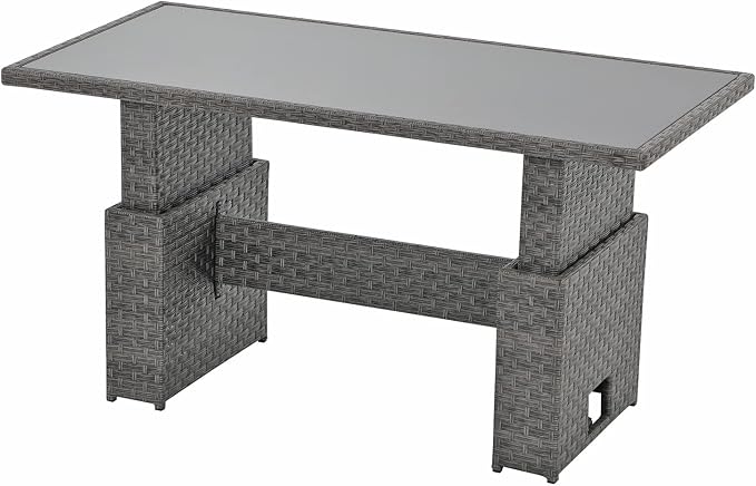 SUNSITT Outdoor Patio Lift Dining Table, Rectangle Patio Coffee Table with Glass Tabletop, Wicker Furniture Multi-Function Dining Table for Backyard, Deck, Garden, Grey