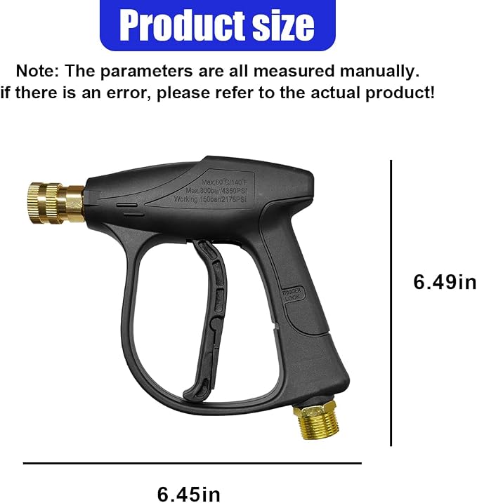 YoRise High-Pressure Car Washer Gun, 4350 PSI Max Power Automotive Washer Short Gun with 1/4" Outlet Quick Connect, M22-14 Thread Mini Vehicle Cleaning Sprayer Guns Tool(Gun)