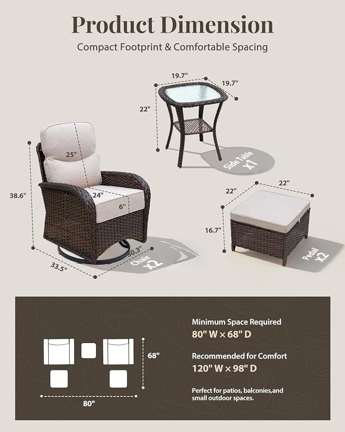 Patio Furniture Set with Luxury 6" Cushions, 5 Pieces Swivel Rocking High Back Patio Chairs and Ottoman, Outdoor Wicker Conversation Set for Deck, Porch, Backyard, Poolside, Beige