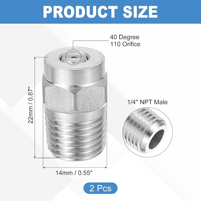 uxcell 2Pcs Pressure Washer Nozzle, Stainless Steel Thread Nozzles Tips, Universal Replacement for Undercarriage Cleaner Water Broom, 1/4 Inch NPT Male, 40 Degree 110 Orifice
