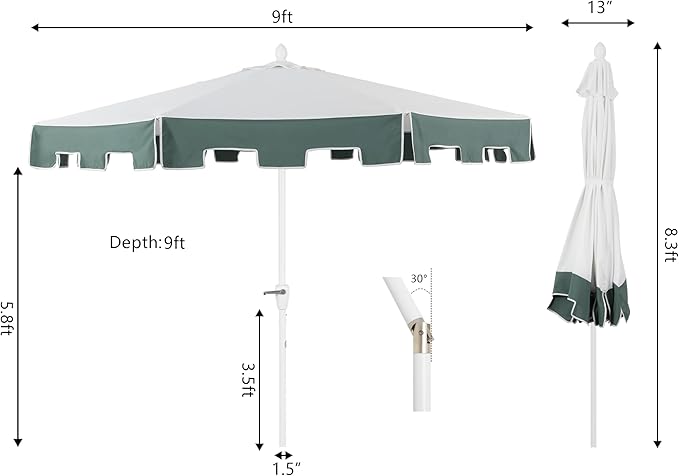 JONATHAN Y Baiona 9 ft. White/Green Outdoor Patio Umbrella with Crank Lift and Tilt, 8 Ribs UV-Resistant Market Table Umbrella with Square Trim for Pool, Deck, Coastal, White Pole UMB1000D