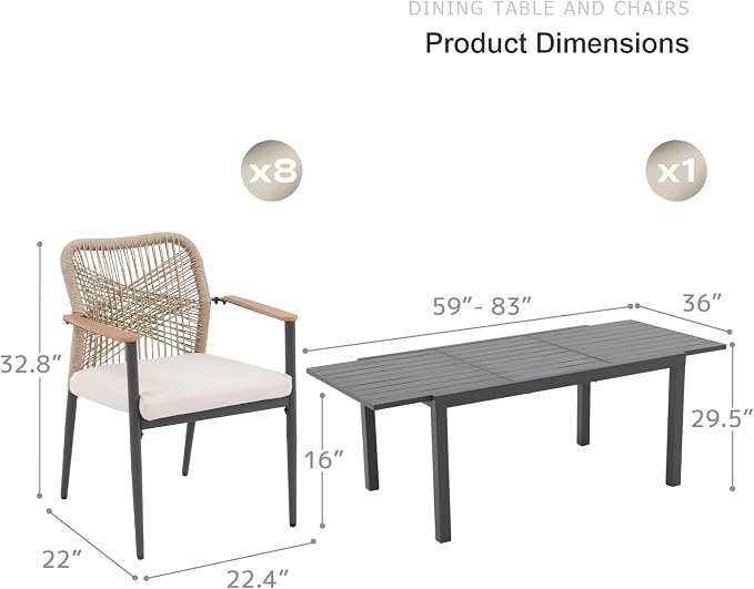SUNSITT 9 Piece Outdoor Patio Dining Set, 59" - 83" Aluminum Expandable Outdoor Dining Table and 8 Woven Wicker Patio Chairs w/WPC Armrests for Garden, Dark Grey