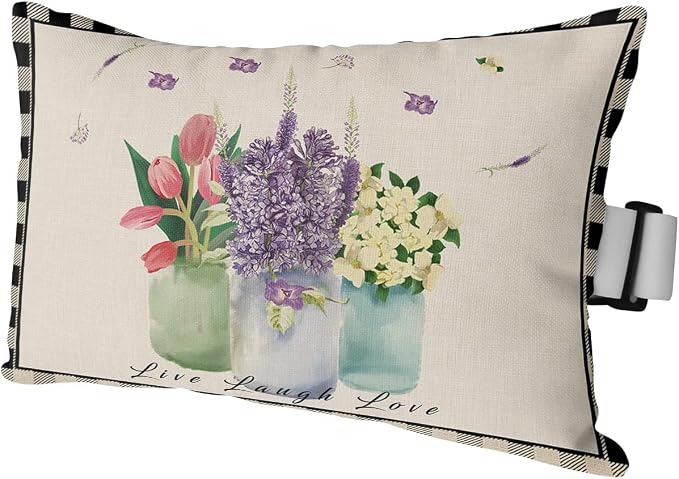 Outdoor Pillows Covers with Inserts Vase Tulip Lavender Florals Buffalo Plaids Waterproof Recliner Pillow with Adjustable Strap Throw Pillows for Patio Furniture Pool Lounge Chair, 11x16 inch, 1PCS
