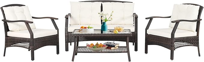 HAPPYGRILL 4 Piece Outdoor Rattan Conversation Set, Patio Rattan Sofa Set with Protective Cover, Soft Seat & Back Cushions, Patio Furniture Set with Sturdy Steel Frame