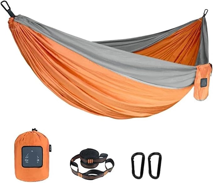 Hammock Portable Nylon Parachute Fabric Single and Double Size Outdoor Camping Hiking Garden Hammock Quick-Opening(Single Orange Grey)