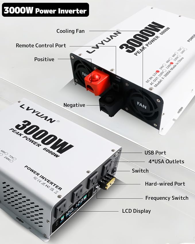LVYUAN 3000 Watt Power Inverter 12V to 110V 120V DC to AC Converter for Home RV Vehicle Outdoor Camping Car Power Inverter with 4 AC Outlets, LCD Display, USB Charge Port, Remote Control