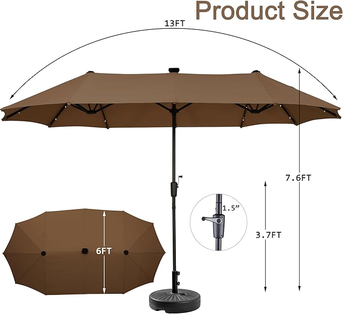 13 ft Patio Umbrella with 36 LED Lights, Large Rectangle Outdoor Solar Umbrella with Matching Base, Strap, Crank, Coffee