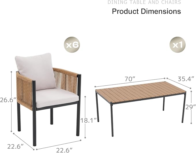 SUNSITT 7 Piece Outdoor Patio Dining Set, Patio Dining Furniture Set with 70” Metal Dining Table w/WPC Tabletop and 6 Patio Woven Rattan Chairs w/Curved Armrest for Garden, Beige