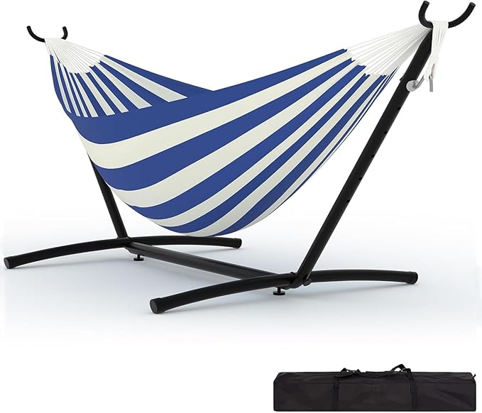 Double Hammock with Steel Stand, Outdoor Portable Hammocks Accommodates with 450Lb Capacity 2 People& Portable Carry Bag for Outside Camping Garden Yard,Blue+White