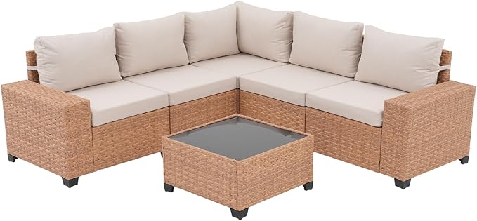 SUNSITT 6-Piece Patio Furniture Set, Outdoor Wicker Modular Sectional Sofa with 7.7-inch Wide Armrests & Thick Comfy Cushions, Glass Top Coffee Table, Rattan Conversation Set, Natural Color
