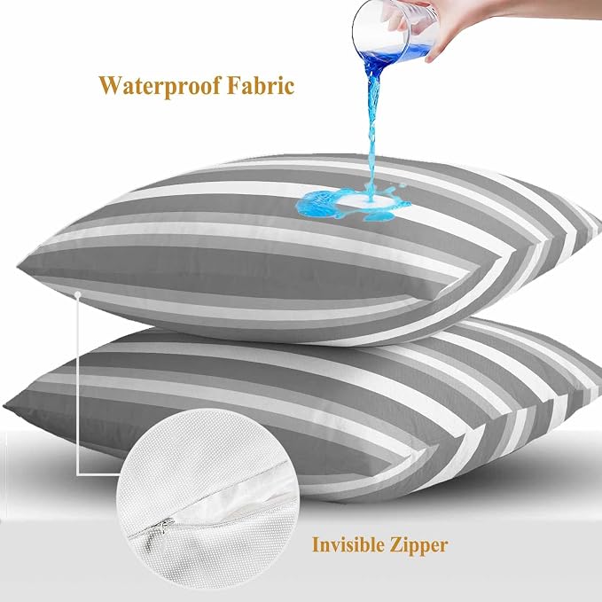 Throw Pillow Covers 24x24 Inch Set of 2, Grey Stripe Waterproof Outdoor Pillow Covers, Minimalist Farmhouse Striped Decorative Cushion Pillowcases for Couch, Sofa, Bed, Garden, Patio