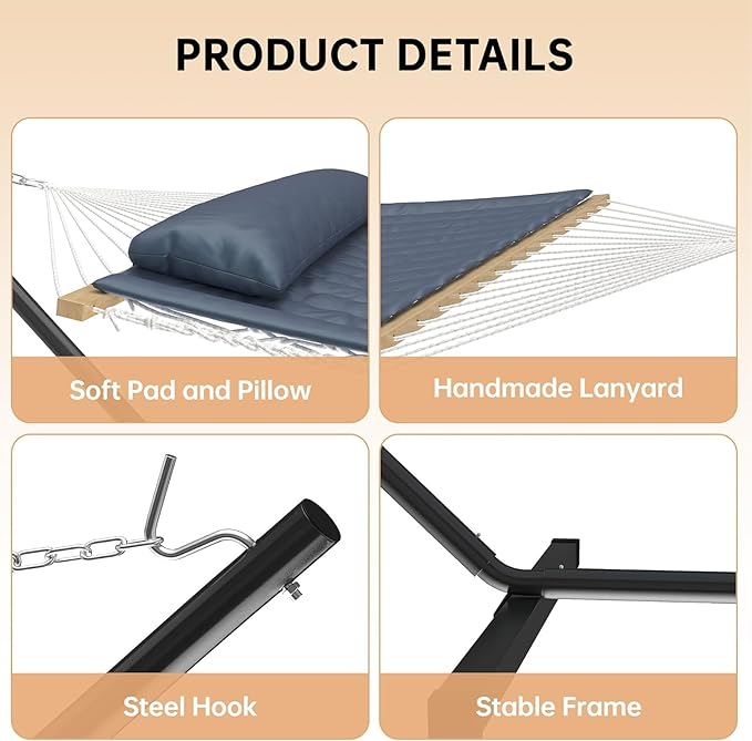 Double Hammock with Stand for 2 Adults – Heavy Duty Cotton Rope, 450 lbs Capacity, Adjustable Space-Saving Steel Frame, Portable with Pillow & Pad, Ideal for Patio, Garden, Backyard