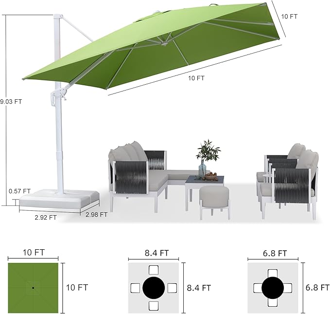 PURPLE LEAF 10 FT Patio Umbrella With Base White Cantilever Umbrella Square Outdoor Offset Umbrella Windproof with 360° Rotation for Garden Deck Pool, Macaw Green
