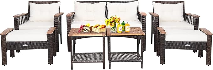 Tangkula 7 Piece Wicker Patio Furniture Set, Patiojoy Acacia Wood Patio Conversation Set with 2 Ottomans and 2 Storage Side Tables with Lower Shelf, Outdoor Cushioned Sectional Sofa Set (Off White)
