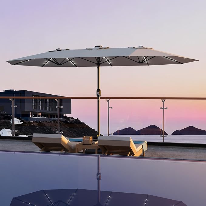 Garvee 15FT Rectangular Patio Umbrella with Solar Lights & Base Included - Large Patio Umbrella with Crank Handle 48 LED Lights, UV Protection for Outdoor Market, Backyard, Deck, Poolside, Lvory