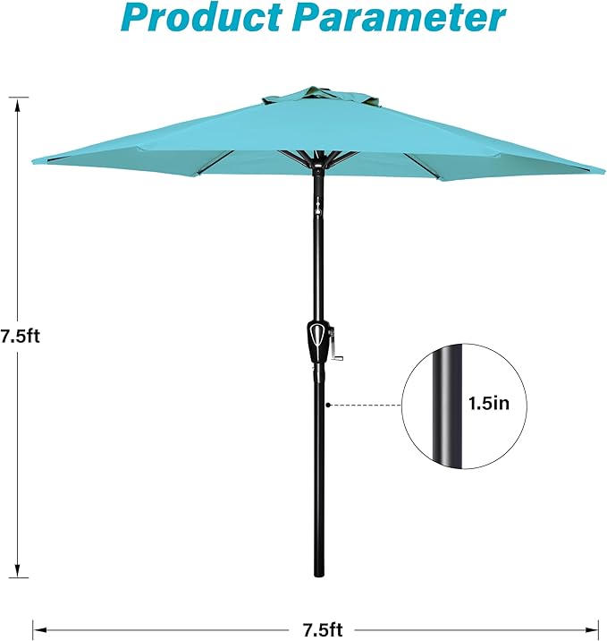 HealSmart 7.5ft Patio Umbrella with Push Button Tilt/Crank, Outdoor Table Market Yard Umbrella, 6 Sturdy Ribs for Garden, Deck, Backyard, Pool