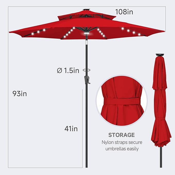 FLAME&SHADE 2 Tiers 9ft Solar Light Patio Umbrella, 40 LED lights outdoor umbrella with Centre Surround Light, Table Market Umbrella for Deck, Pool, Porch, Backyard, Garden (Red)