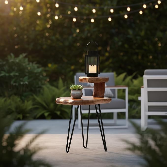 Double-Deck Cedar Solid Wood Coffee Table 16" x 16" x 26" H Natural Shape Accent Vintage Outdoor Side Tables Rustic Plant Stand Couch Live Edge End Tables for Living Room Sofa Patio Bedroom