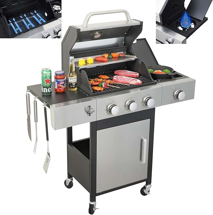 3-Burner Propane Gas BBQ Grill with Side Burner & Porcelain-Enameled Cast Iron Grates, 37230 BTU Output Stainless Steel Grill for Cooking Kitchen Patio Backyard Barbecue