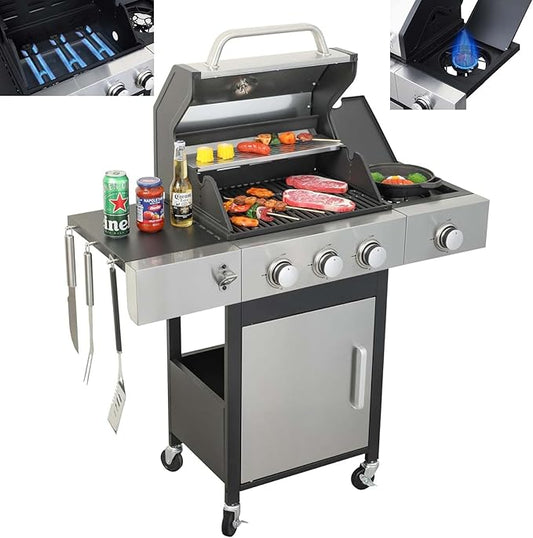 3-Burner Propane Gas BBQ Grill with Side Burner & Porcelain-Enameled Cast Iron Grates, 37230 BTU Output Stainless Steel Grill for Cooking Kitchen Patio Backyard Barbecue