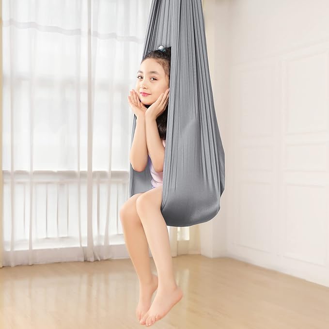 Yoga Swing for Kids Hammock Children Hangin Indoor Outdoor Autism Aspergers,ADHD Kids Hangin Therapy Swing 110inch x 59inch (Hardware Included) Silver Gray