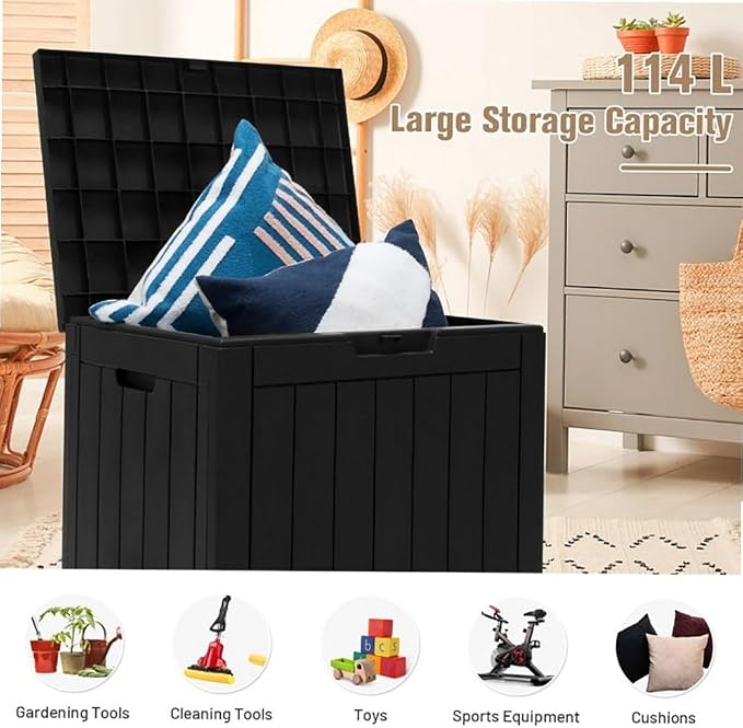 PP Woodgrain Black 30-Gallon Deck Storage Box with Lockable Waterproof Lid & Handles, 22x17x21in for Patio/Outdoor