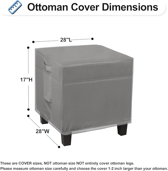 OutdoorLines Outdoor Waterproof Patio Ottoman Covers - Square UV-Proof Patio Side Table Cover Windproof Heavy-Duty Furniture Covering Protector 28L x 28W x 17H Inch, Grey