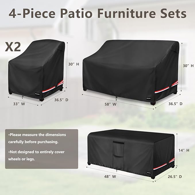 Rileytee Patio Furniture Set Covers,4 Pcs 600D Heavy Duty 100% Waterproof Outdoor Furniture Cover,Fit Patio Loveseat, Chair and Coffee Table (Black,Medium)