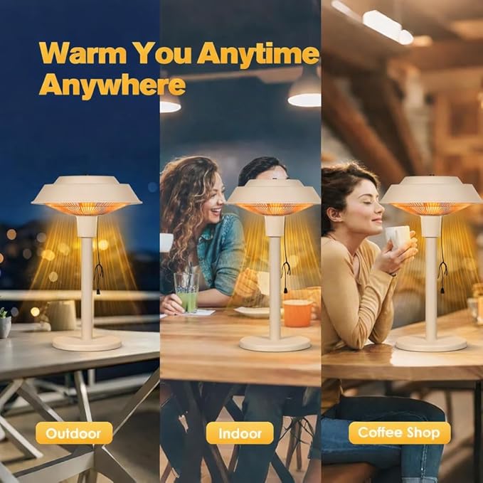 Electric Patio Outdoor Heater, 1500W Infrared Tabletop Heaters for Indoor Oudoor Use, IP55 Waterproof, Tip-over & Overheating Protection, Perfect for Garden, Balcony (light grey, tabletop-pull string)